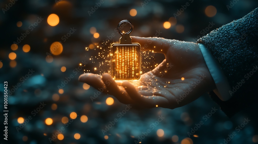 Leinwandbilder Businessman giving virtual master key with binary number code for identity and access password technology security system and prevent hacker concept : Generative AI