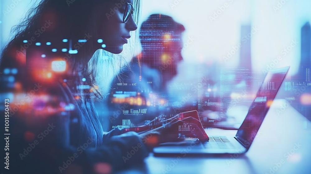 Aufkleber Image of data processing over diverse business people using laptop global business and digital interface concept digitally generated image : Generative AI