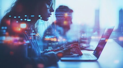 Image of data processing over diverse business people using laptop global business and digital interface concept digitally generated image : Generative AI