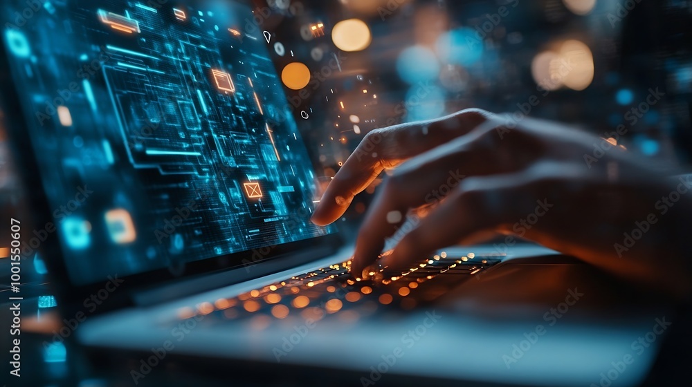 Poster Cyber security and data protection businessman using laptop Internet network security system protecting business and financial transaction data from cyberattacks secure data encryption : Generative AI