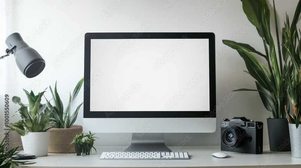 Poster minimalist workspace with computer and camera