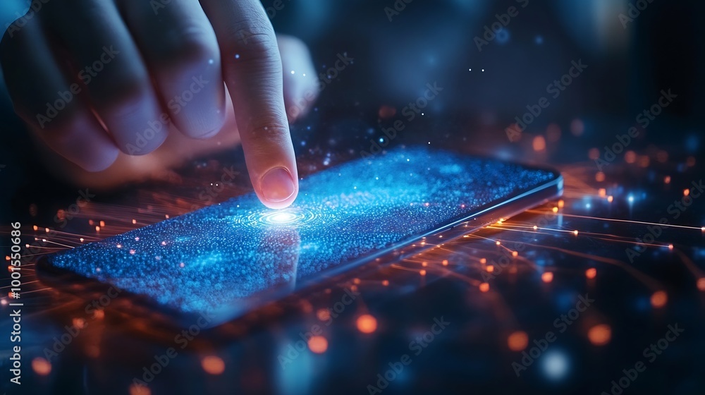Poster Businessman using fingerprint smartphone business and financial data with virtual graphic data information diagram network connectionbiometrics security innovation technology against d : Generative AI