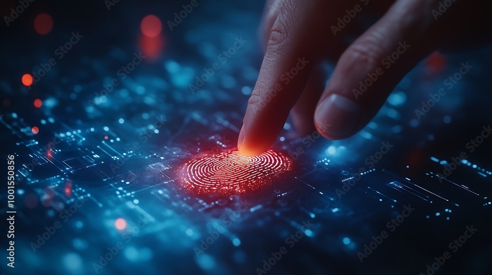 Poster Businessman using fingerprint indentification to access personal financial data biometrics security innovation technology against digital cybercrimeidentification and security scanning : Generative AI