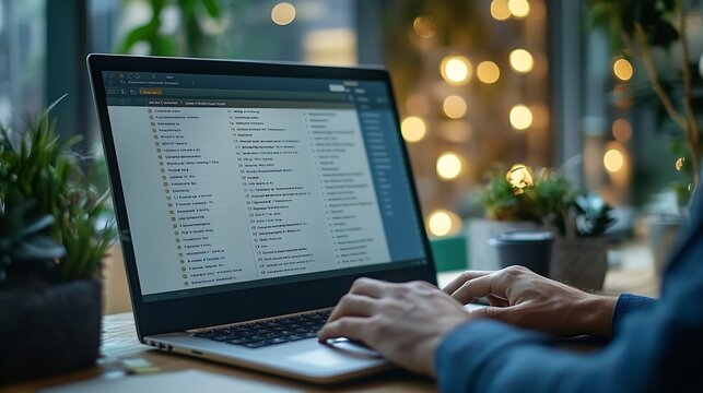 Email inbox message list on a computer laptop screen man working on an office desk business background Email correspondence mail concept : Generative AI