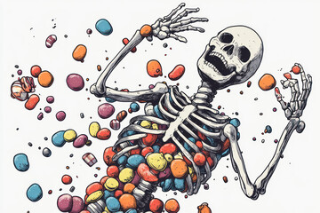 A whimsical skeleton bursts with colorful candy, creating a playful contrast between bones and vibrant sweets.