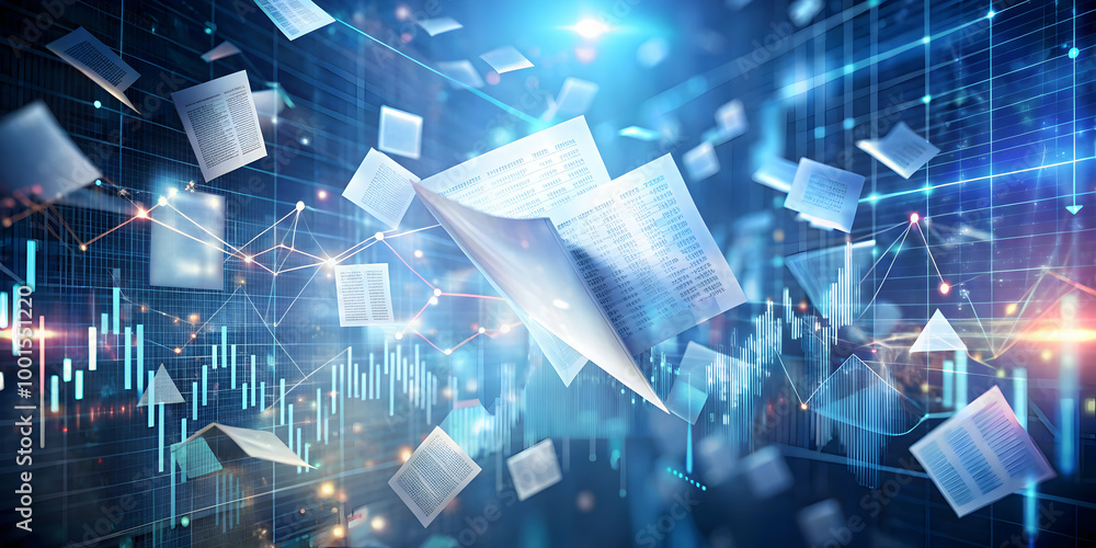Poster data revolution: a flurry of digital documents soars through a futuristic landscape of data visualiz