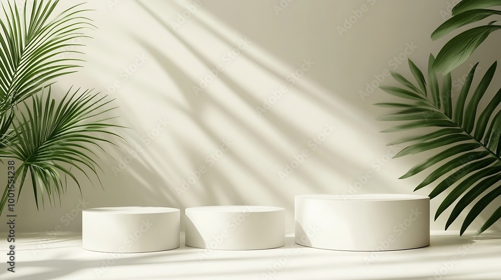 Aufkleber Three varying height white podiums complemented by a palm leaf on a neutral background ideal for product display : Generative AI