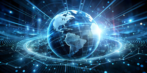 Obraz premium Global Network: An abstract rendering of a digital globe, pulsing with interconnected lines and glowing nodes, symbolizing the boundless possibilities of a connected world.