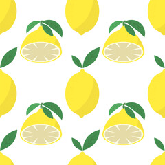 Vector Fresh Yellow Lemon with Green Leaves. Seamless Pattern. Tropical Fruit Icon with Sour Taste.