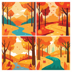 Peaceful autumn forest with falling leaves colorful vector style