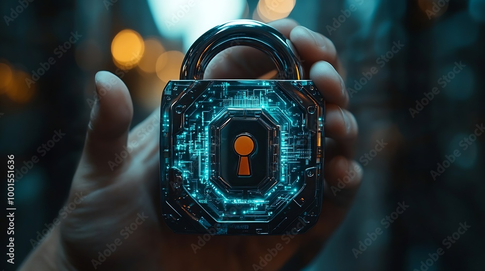 Poster Cyber security Hand hold digital padlock Login verified identity credentials on network of data protection technologyOnline internet authorized access against cyber attack and business : Generative AI