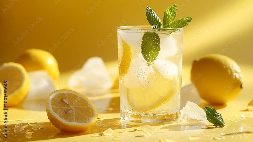 Poster A  cold lemonade in a glass with lemon mint and ice on a yellow and white background The concept of a refreshing and healthy drink on a summer day Copy space : Generative AI