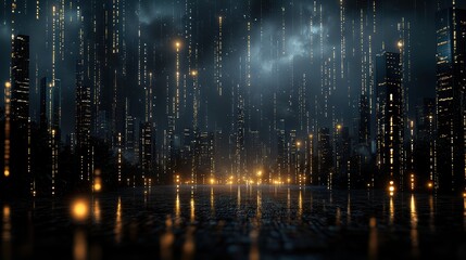 A cityscape with a rainstorm and bright lights. The city is lit up and the rain is falling in a pattern