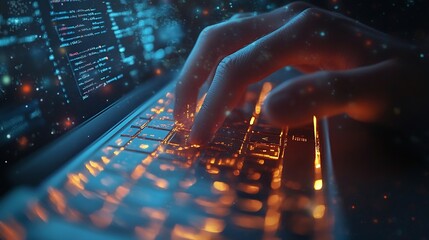 close up computer engineering writing programming code in database on laptop keyboard to protect and blocking spam email from internet and hacker for smart technology concept : Generative AI