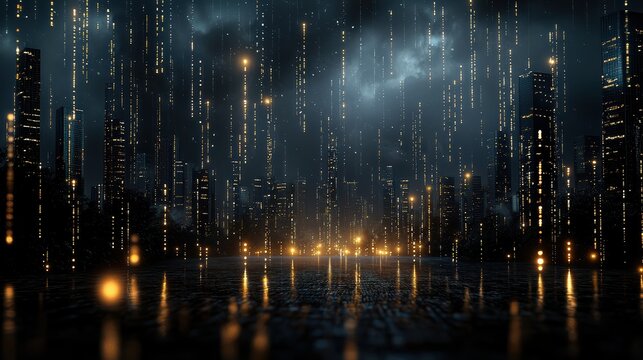 A cityscape with a rainstorm and bright lights. The city is lit up and the rain is falling in a pattern