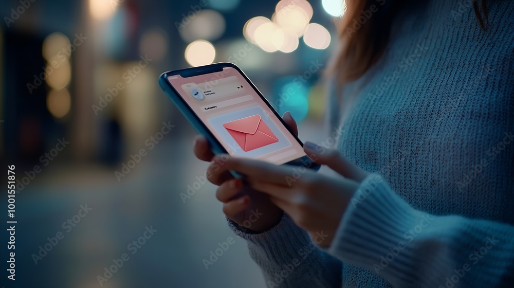 Leinwandbilder Email app on smartphone screen with business person reading messages from inbox with wireless internet access on mobile phone communication technology : Generative AI
