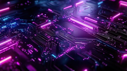 A computer chip with a purple and blue glow. The image is of a computer chip with a purple and blue glow, giving it a futuristic and high-tech appearance. The colors are vibrant and eye-catching