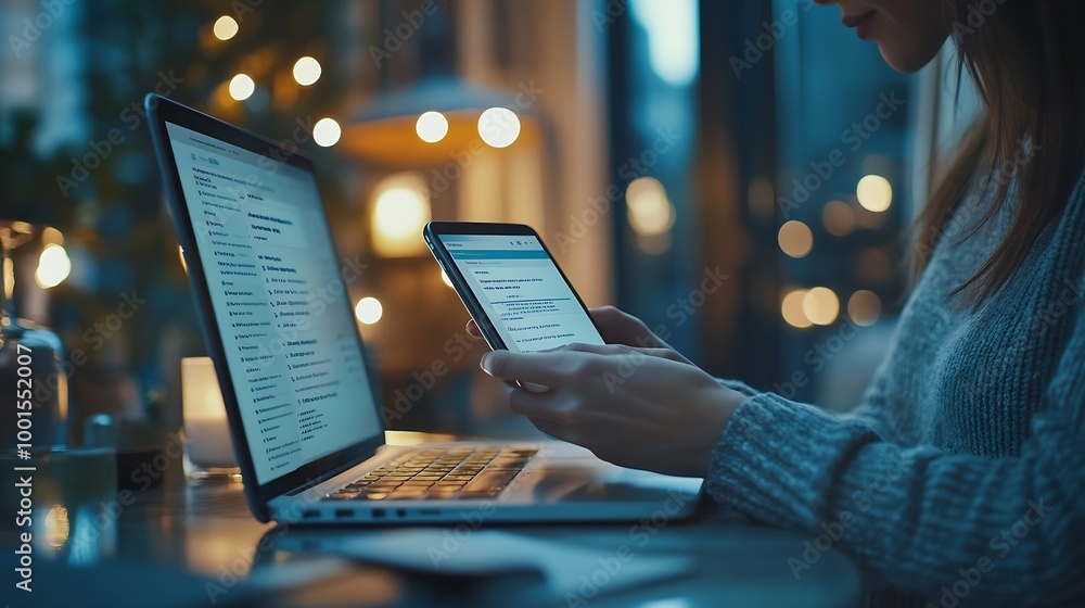 Poster business person reading emails on smartphone and laptop computer screen online communication and mar