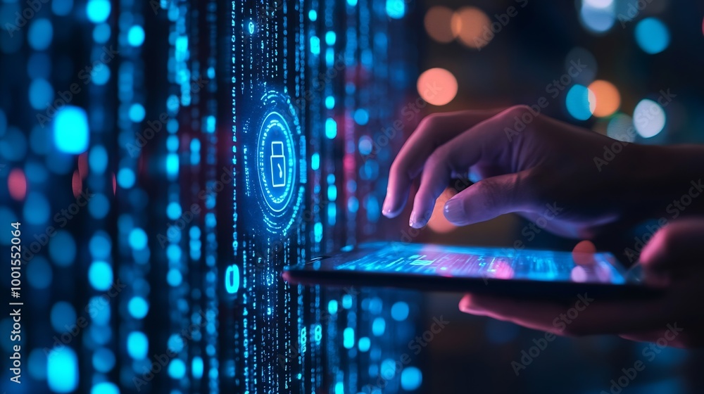 Poster Cyber security and data protection Businessman using digital tablet protecting business and financial data with virtual network connection smart solution from cyber attack cybersecurit : Generative AI
