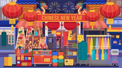 Colorful Chinese New Year street market with red lanterns and dragons.