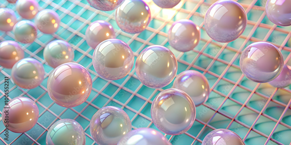 Poster iridescent bubbles on grid: dreamy, pastel-toned iridescent spheres hover over a teal grid, creating