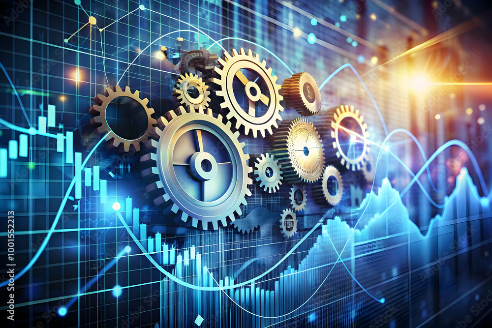 Poster the power of gears: a mesmerizing visual of gleaming, interlocked gears against a backdrop of dynami