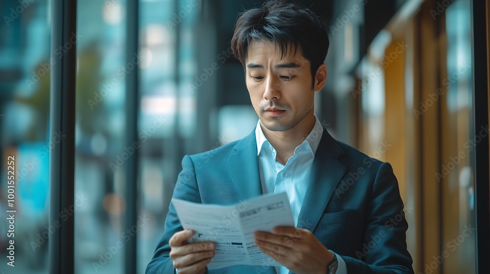 Aufkleber Business man looking at financial information from a mobile phone he is checking company financial documents he is an executive of a startup company Concept of financial management : Generative AI