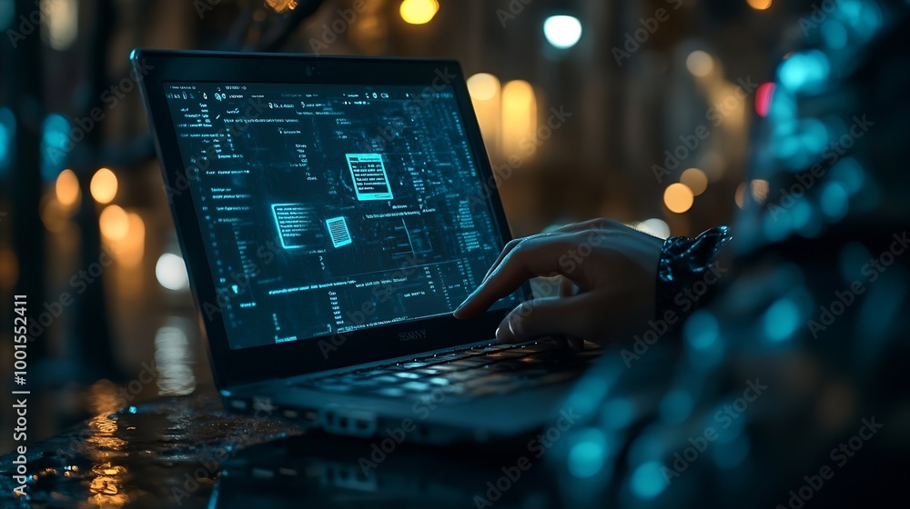 Poster Cyber crime security concept Hand using laptop show malware screen attach from email Hack steal password or personal data Hacker Virus Worm Trojan Adware Spyware and Ransomware awarene : Generative AI