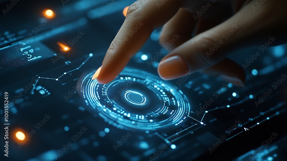 Aufkleber Woman finger and interface in studio for software digital data and augmented reality on dark background Young person or user and touch for innovation technology biometrics security or  : Generative AI