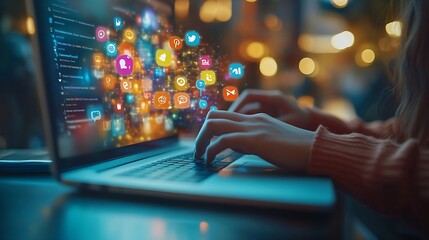 Social media engagement Digital marketing concept Working on computer for creating social media platforms to build relationships and drive sales Engaging activities responding to comme : Generative AI