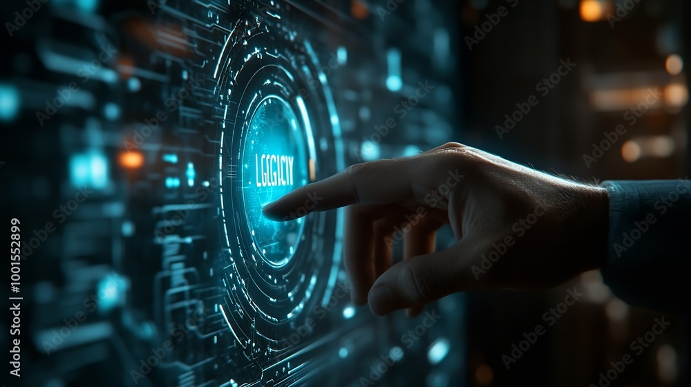 Poster Businessman using virtual touch screen presses inscription LEGACY SYSTEM Legacy Systems Business Technology Interoperability Upgrade concept : Generative AI
