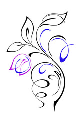 Decorative element with floral ornament with stylized flowers on stems with leaves and curls; graphic design