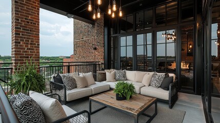 A black and white patio with a wooden table and a potted plant. The patio is furnished with a couch and two chairs