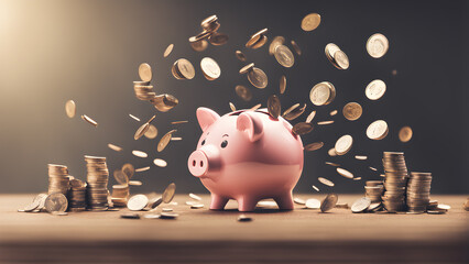 saving money by adding coin in pig shaped bank after retirement and record keeping of income, expenditure, savings and financial concepts. Generative Ai.