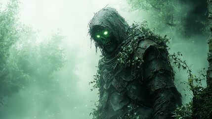 spectral undead presence in foggy forest exuding menace with radiant green eyes peering through darkness