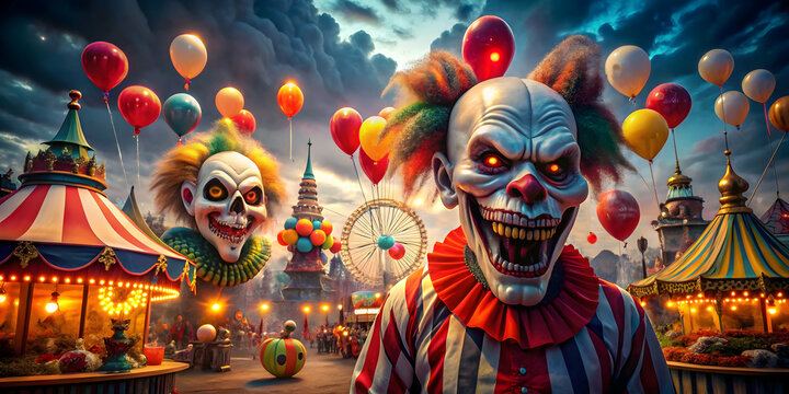 Nightmarish Carnival: Two terrifying clowns loom large in a darkly lit carnival scene, surrounded by balloons and ominous fairground attractions.