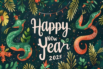 Naklejka premium A green and blue poster with a snake and a Christmas tree on it