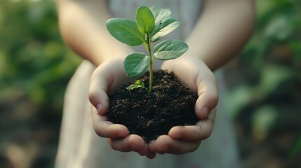 Naklejka premium hands holding young plant with soilWorld environment day and sustainable environment concept Mom and her child girl plant sapling tree Teamwork protecting and reduce global warming ear : Generative AI