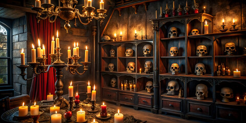 Dark Candlelit Room: A gothic interior with a dramatic red curtain, a grand chandelier, and shelves filled with skulls, all bathed in the warm, flickering glow of numerous candles.