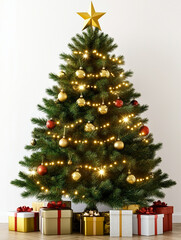 Christmas tree decorated with lights, balls and gifts
