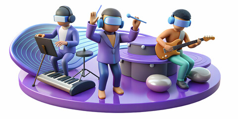 Metaverse Music Band: 3D Render of a vibrant musical group performing in a virtual reality concert.  Their joyful expressions and dynamic poses capture the energy of a live performance.