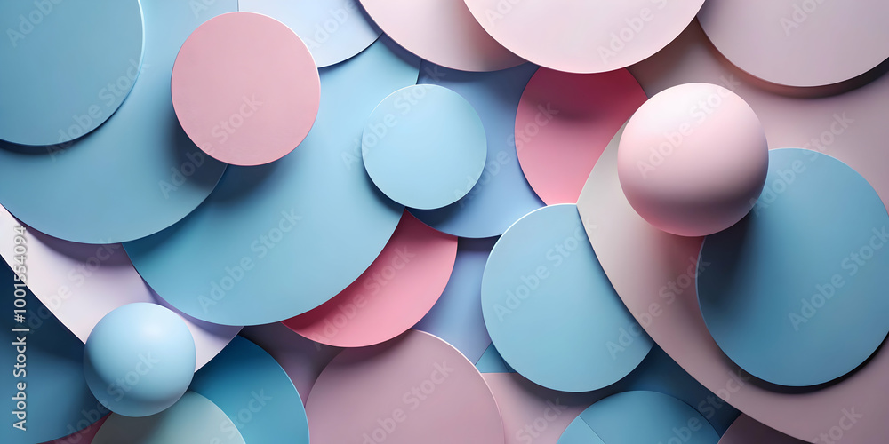 Poster abstract harmony: a mesmerizing composition of pastel blue and pink circles and spheres, creating a 