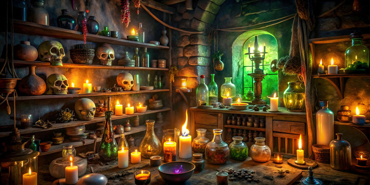 Mystic Alchemist's Laboratory: An Enchanting, atmospheric scene of an alchemist's workshop, filled with glowing candles, mysterious potions, and ancient artifacts. Perfect for fantasy, occult.