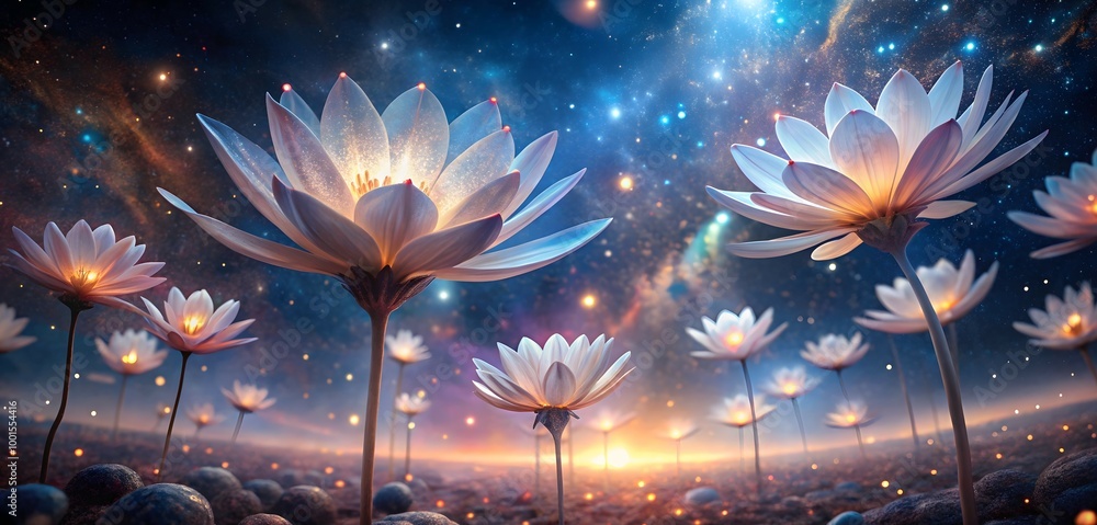 Poster celestial lotus field: glowing lotuses illuminate a surreal dreamscape under a starlit sky, creating