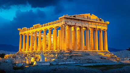Obraz premium The illuminated Parthenon stands majestically against a twilight sky.