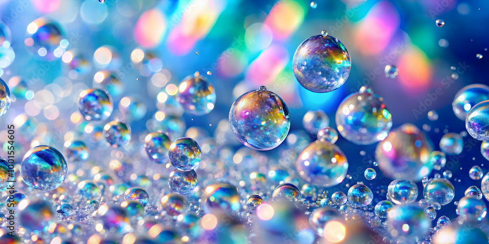 Poster rainbow bubbles abstract: iridescent spheres dance on a vibrant blue backdrop, creating a mesmerizin