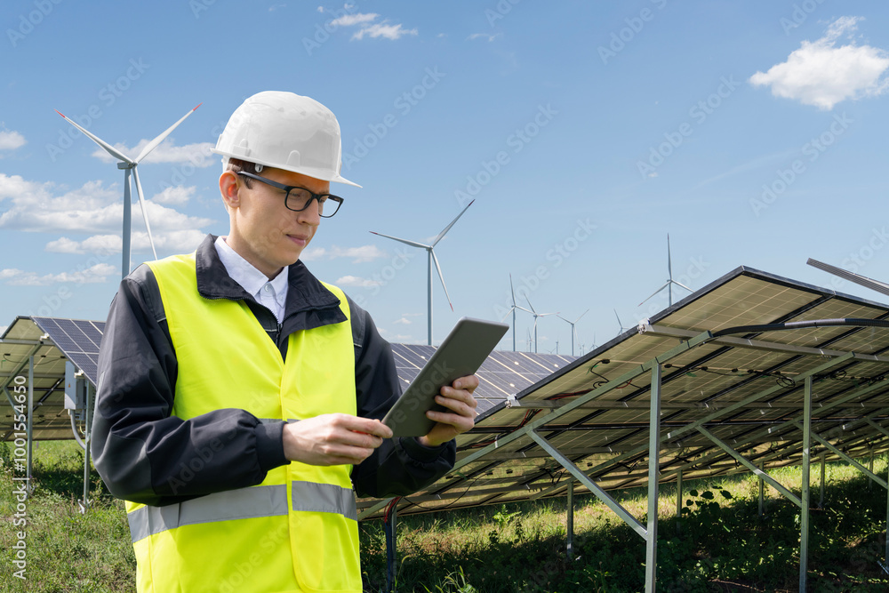 Aufkleber engineer with digital tablet on a backround of solar panels