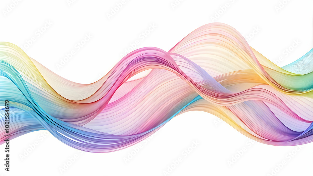 Poster Rainbow Wave Abstract:  A vibrant, flowing abstract image featuring colorful, translucent waves in a spectrum of rainbow hues. Perfect for designs needing a dynamic and cheerful feel. 