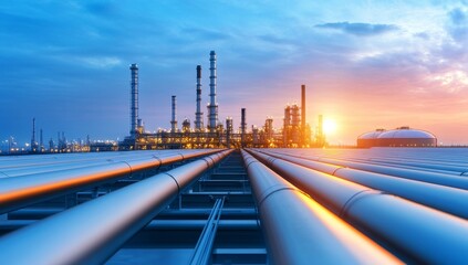 oil and gas industrial plant with pipes, towers, and buildings at dawn or dusk, with the sky painted