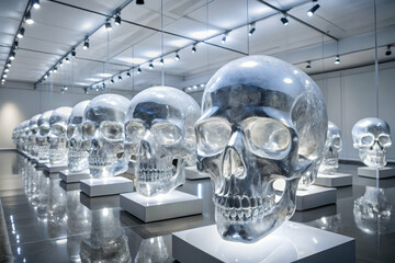 A Row of Reflective Skulls:  A chillingly beautiful display of  chrome skulls  lines a gallery space, reflecting the surrounding lights in a surreal and thought-provoking arrangement.